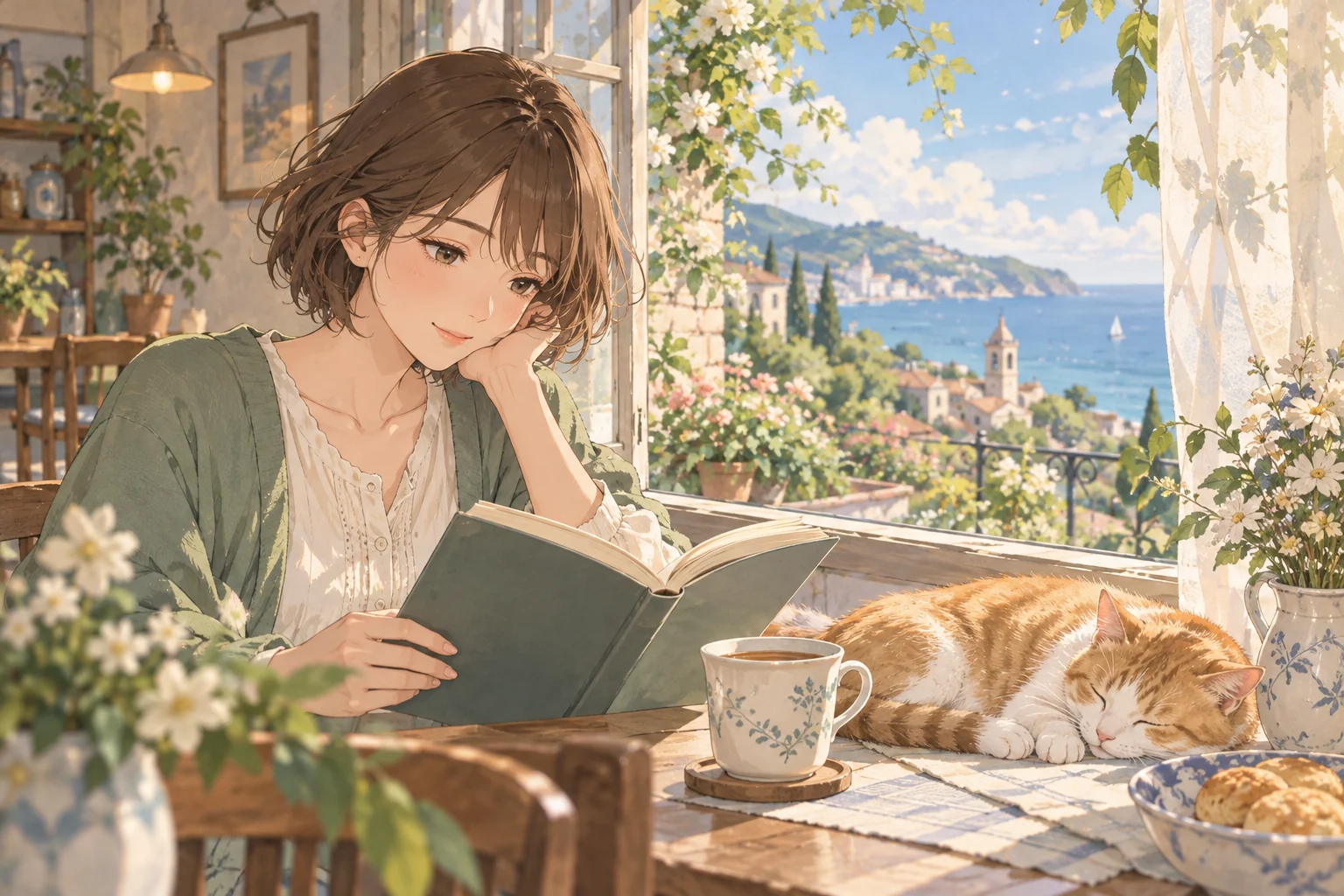 An anime reader and a sleeping cat beside a sunlit café window